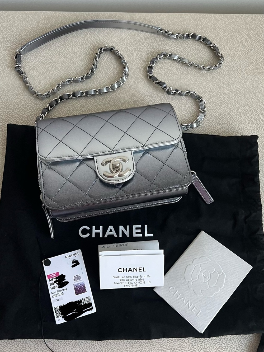 CHANEL Metallic Silver mini flap bag 22c